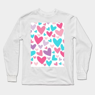 Pink, Turquoise Blue, and Purple Abstract Hearts Pattern Long Sleeve T-Shirt